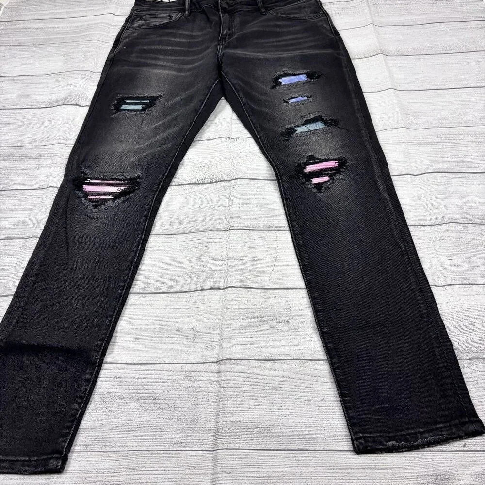 Embellish Mens Black Distressed Skinny Jeans With Colorful Patches Size 34 - Picture 2 of 16
